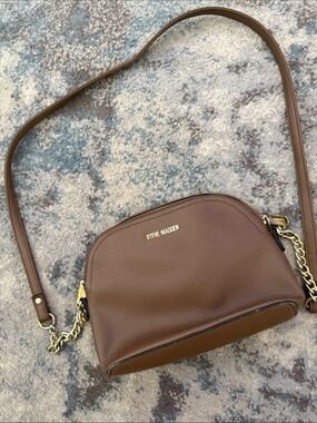 Steve Madden Chestnut Brown Leather-Look Crossbody with Gold Chain